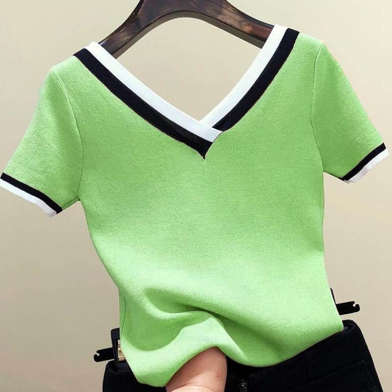 V-Neck Short Sleeve Shirt Women Contrast Color Striped Knitted