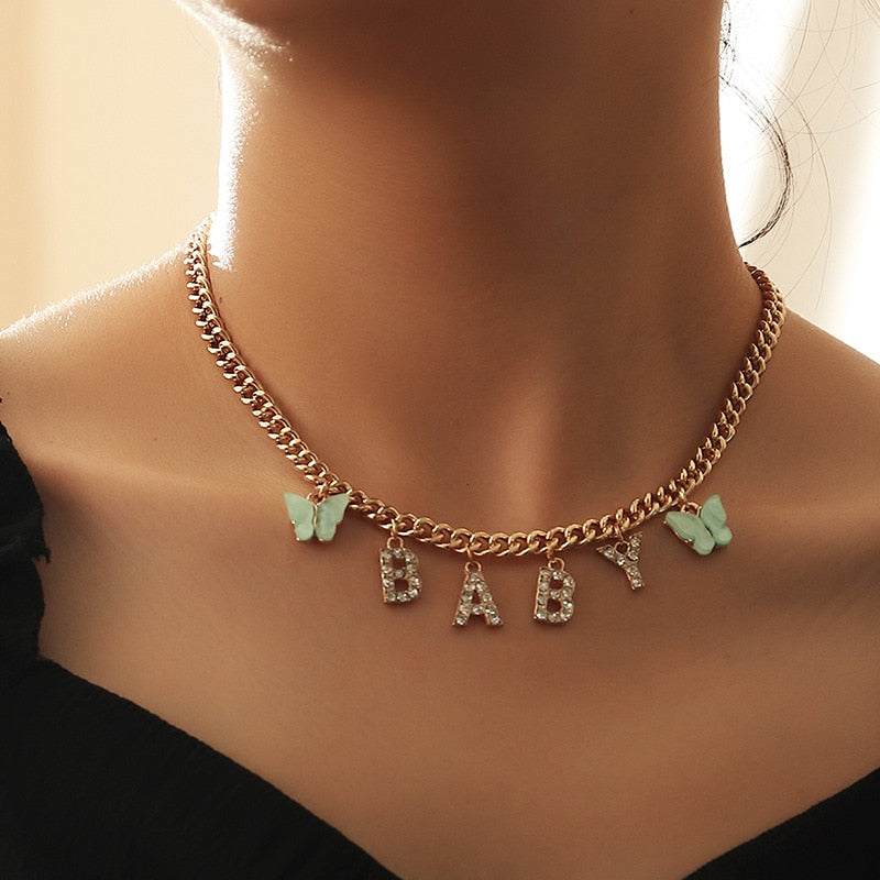 Rhinestone Letter Necklace Girl Necklace for Women BABY HONEY ANGEL Short Trend New Jewelry Gift