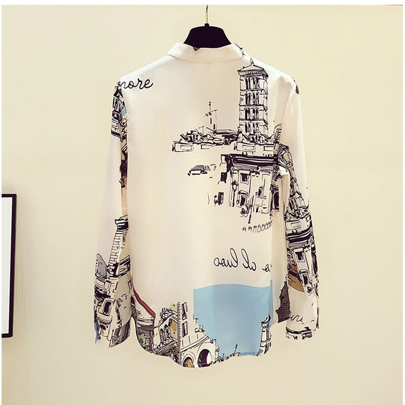 Vintage Print Shirt Women Long Sleeve Chiffon Blouse 2022 Spring