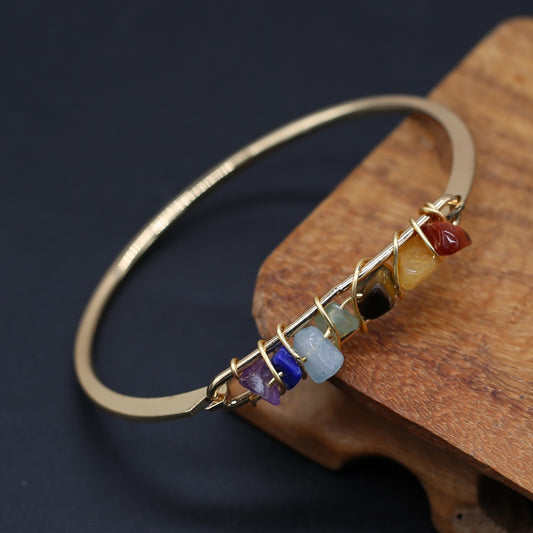 Natural Stone Amethysts 7 Chakras Energy Bangles Gold plated Metal Bracelet