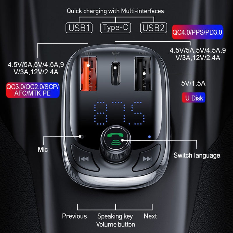 Baseus Car Charger FM Transmitter Bluetooth 5.0 MP3 Player Handsfree