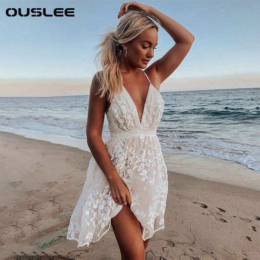 Ouslee Summer Women White Lace Flower Mini Dress Sleeveless Deep V-Neck