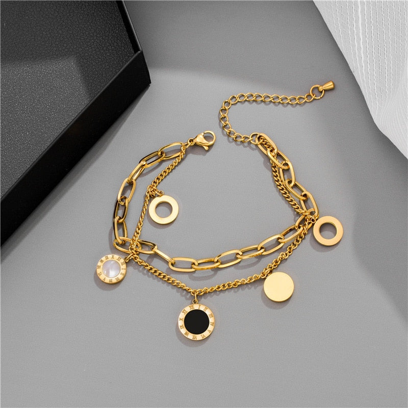 Golden Pendant Bracelet For Women Retro Punk Gothic Portrait Coin Cross Pearl Bracelet Jewelry