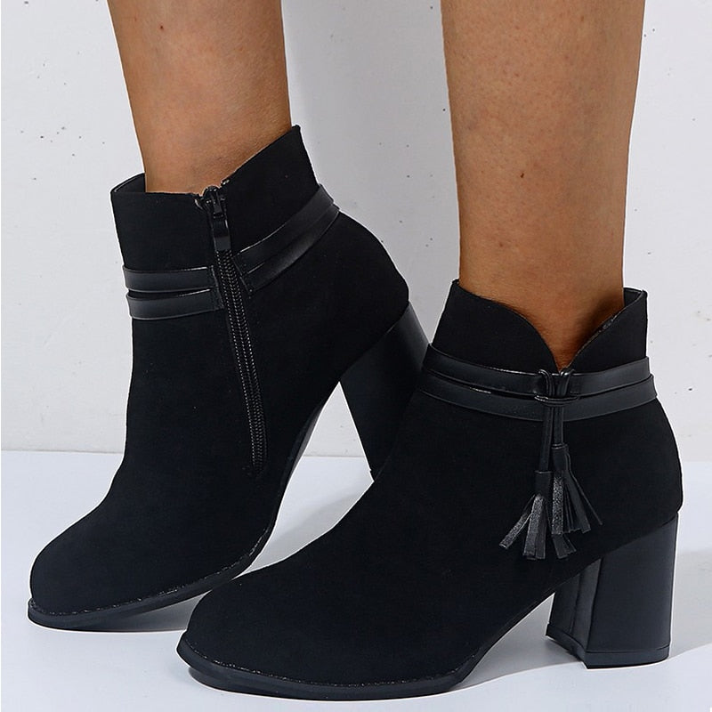 New Women Boots Casual Boots Ladies Zipper Women High Heels Black