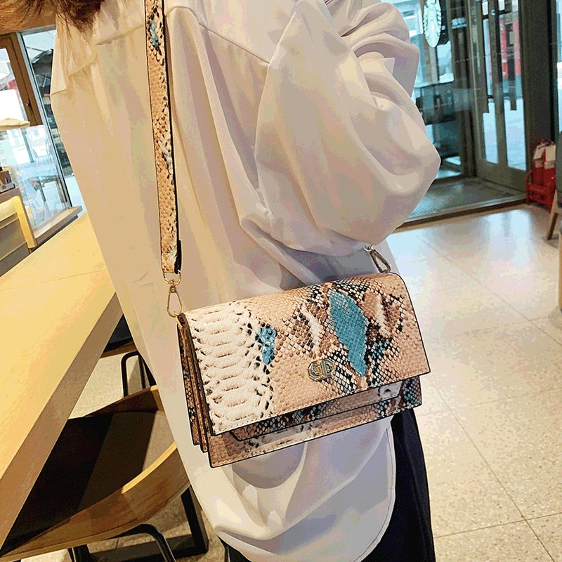 Snake Pattern women flap bags PU Leather ladies Handbag Luxury Designer