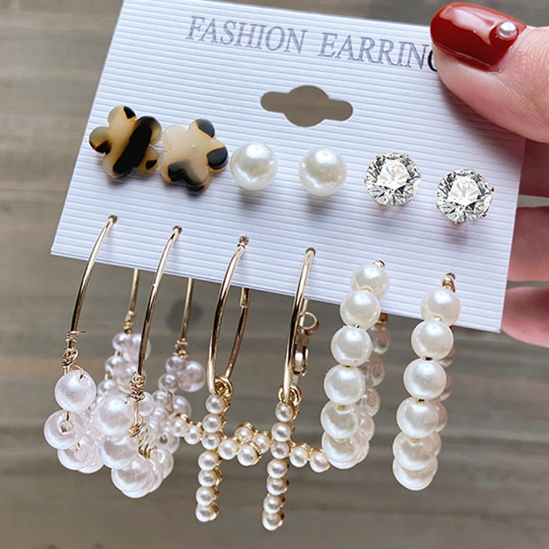 Fashion Pearl Hoop Earrings Set For Women Geometirc Gold Metal