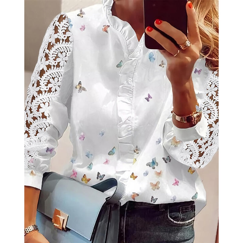 Women Elegant Fashion Butterfly Print Blouses Top Ruffled Trim