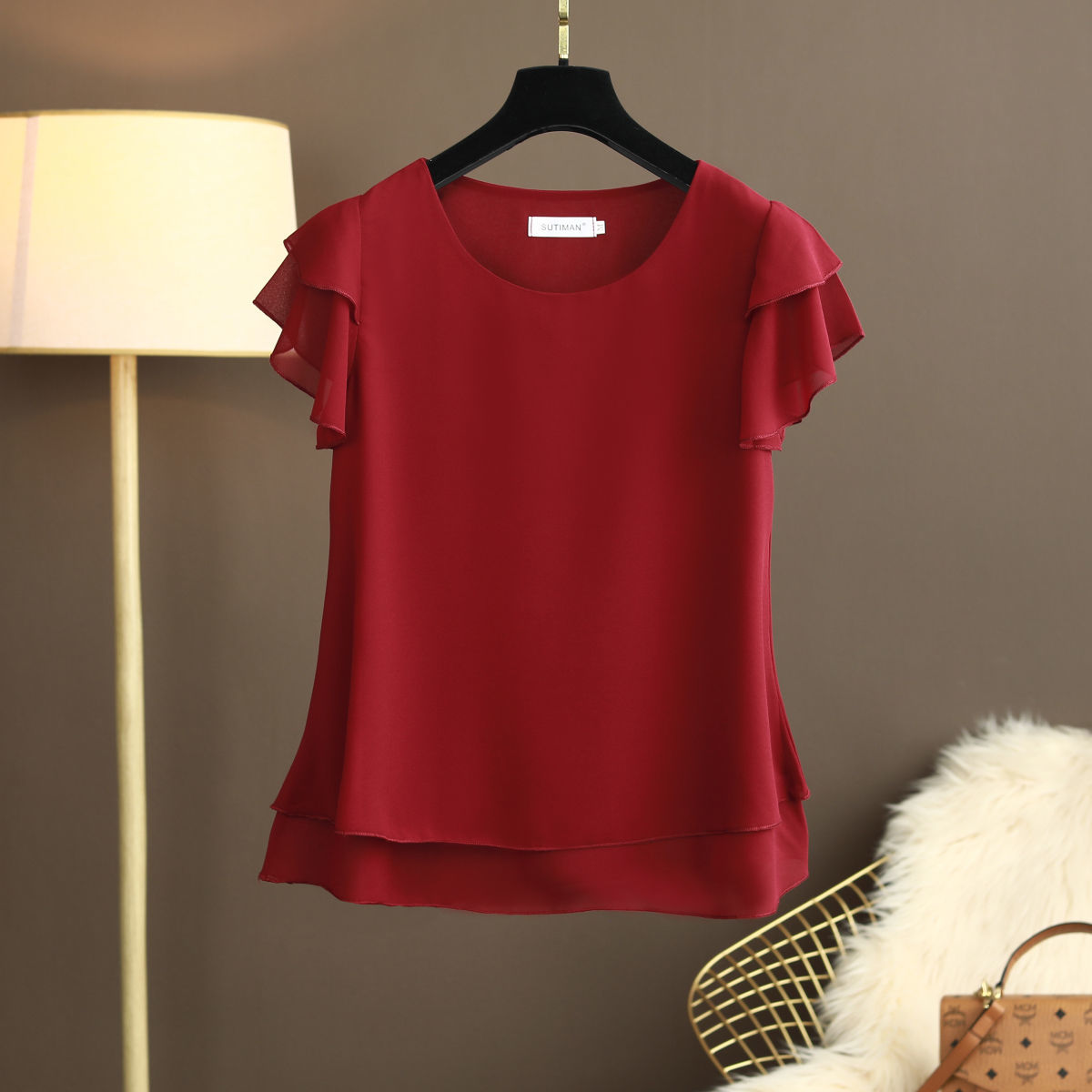 New Summer Women Blouse Loose O-Neck Chiffon Shirt Female Short Sleeve