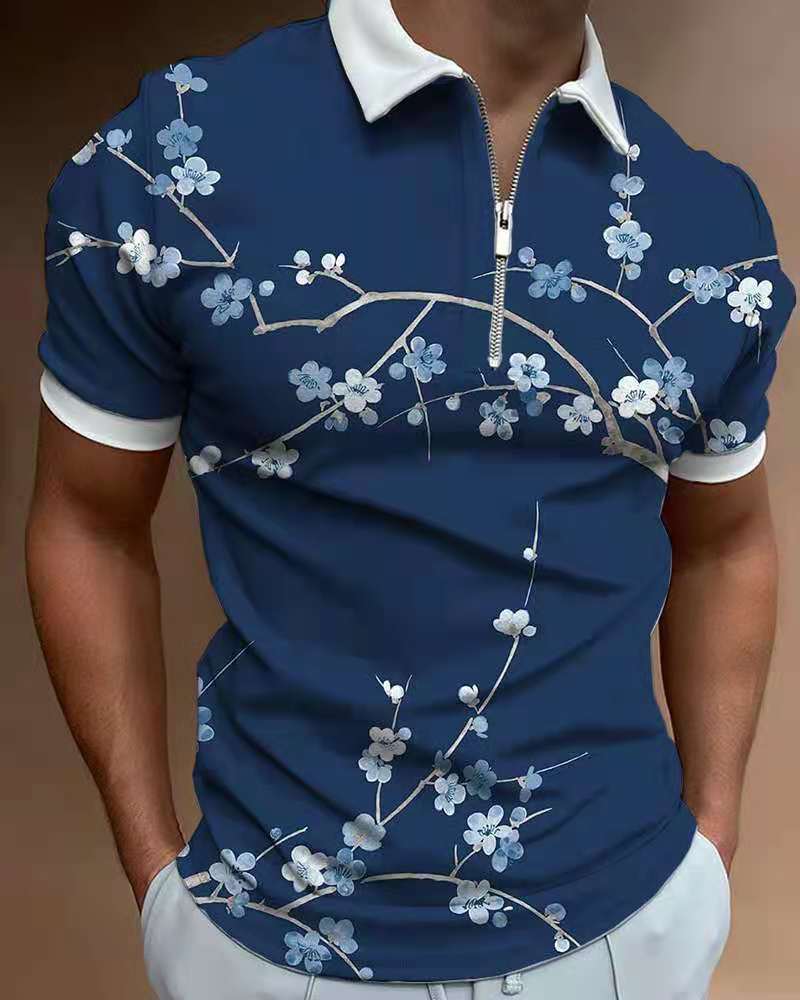 Summer Fashion Tops For Men Polo Shirt Floral Print Patchwork Short Sleeve Loose Casual