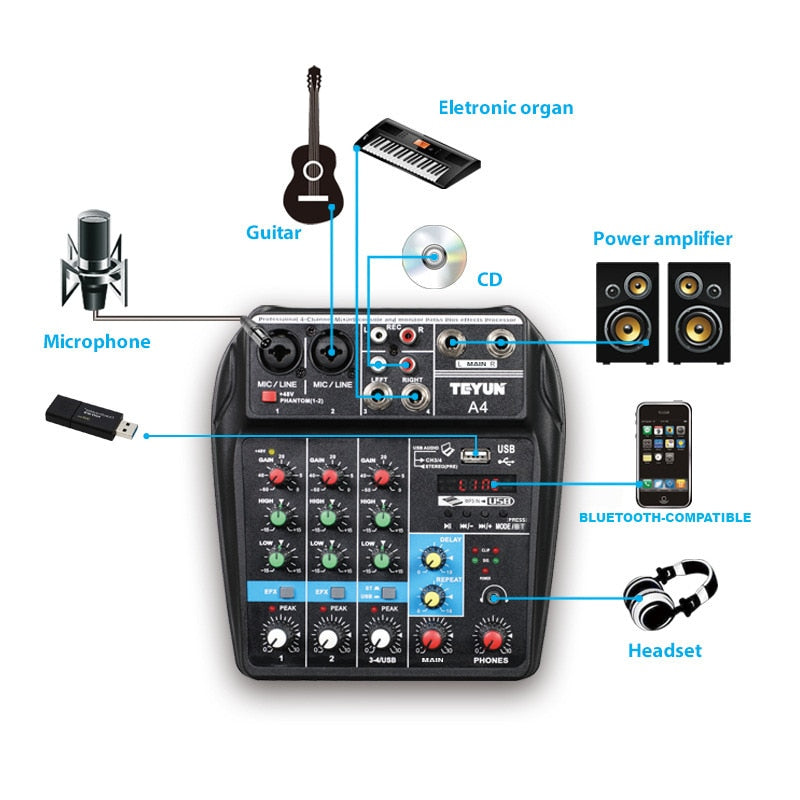 Console de mixage sonore Bluetooth USB enregistrement ordinateur 48V