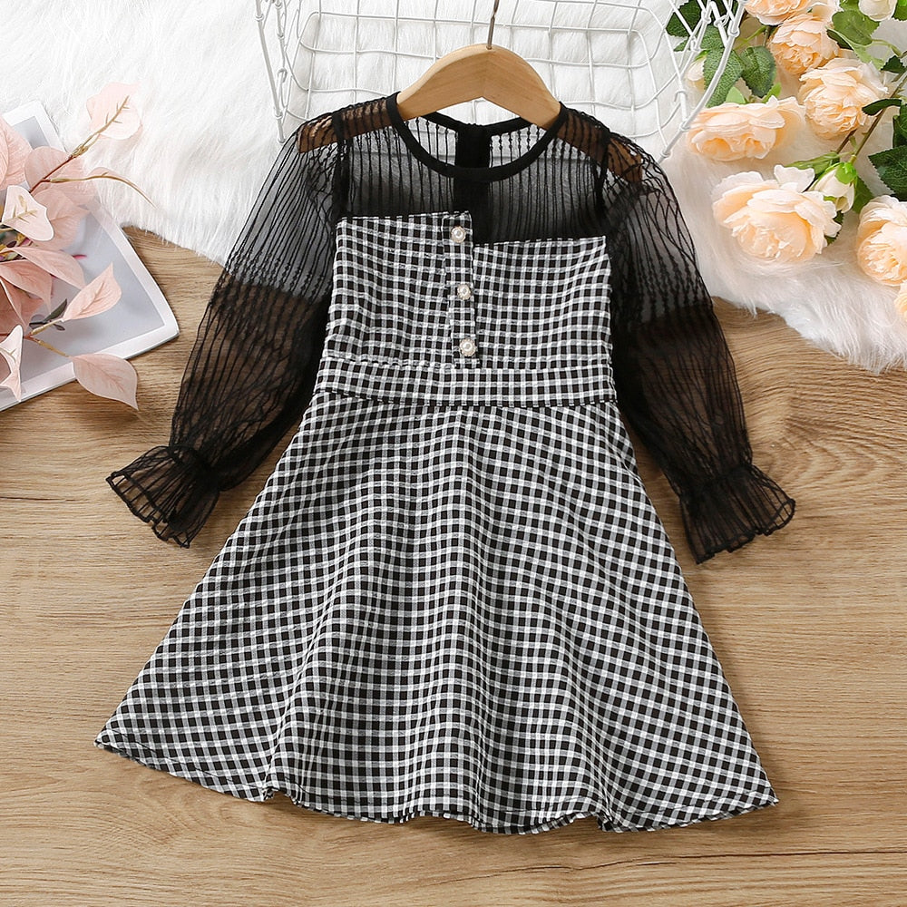 Girls Plaid Patched Pockets Irregular Dress Spring Autumn Toddler Kid Long Sleeve Casual A-line Princess Dress Children Clothing