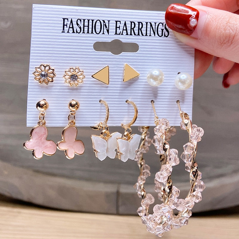 Fashion Pearl Hoop Earrings Set For Women Geometirc Gold Metal