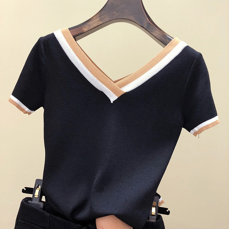 V-Neck Short Sleeve Shirt Women Contrast Color Striped Knitted