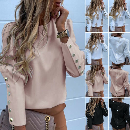 Fashion Women Metal Button Long Sleeve Shirts Ladies Casual O-Neck