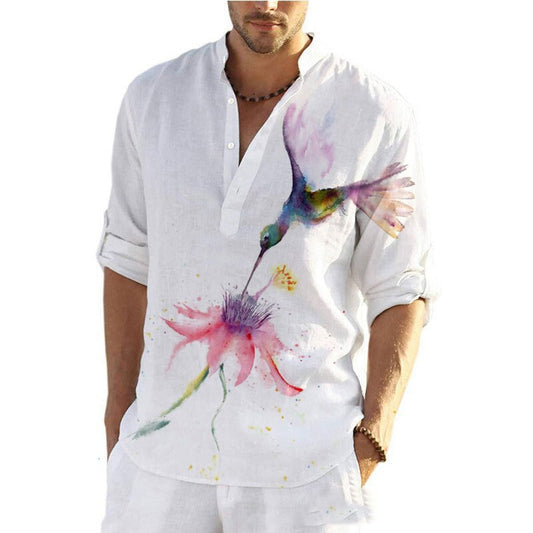 Men Casual Blouse Cotton Linen T-Shirt Long Sleeve Print Spring Autumn