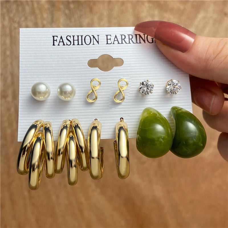 Fashion Pearl Hoop Earrings Set For Women Geometirc Gold Metal