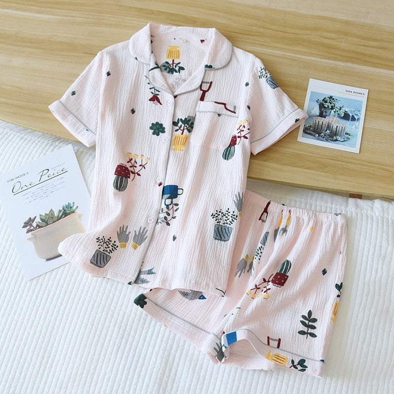 Japanese summer new ladies cotton gauze short sleeve shorts pajamas