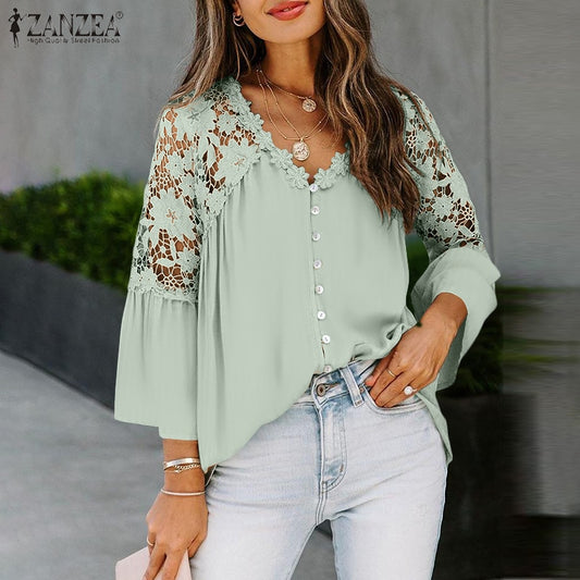 ZANZEA 2022 Fashion Flare Sleeve Tops Women Lace Stiching Blouses