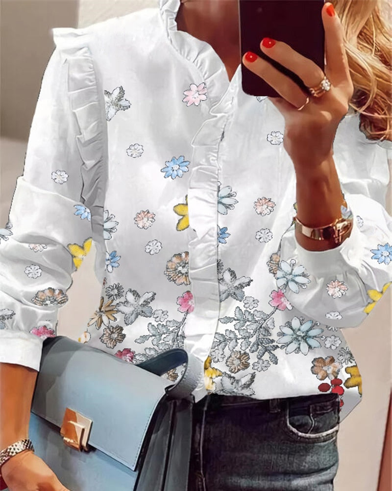 Women Elegant Fashion Butterfly Print Blouses Top Ruffled Trim