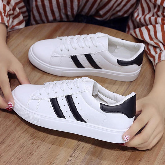 Women White Striped Shell Head Sneakers For Female Student