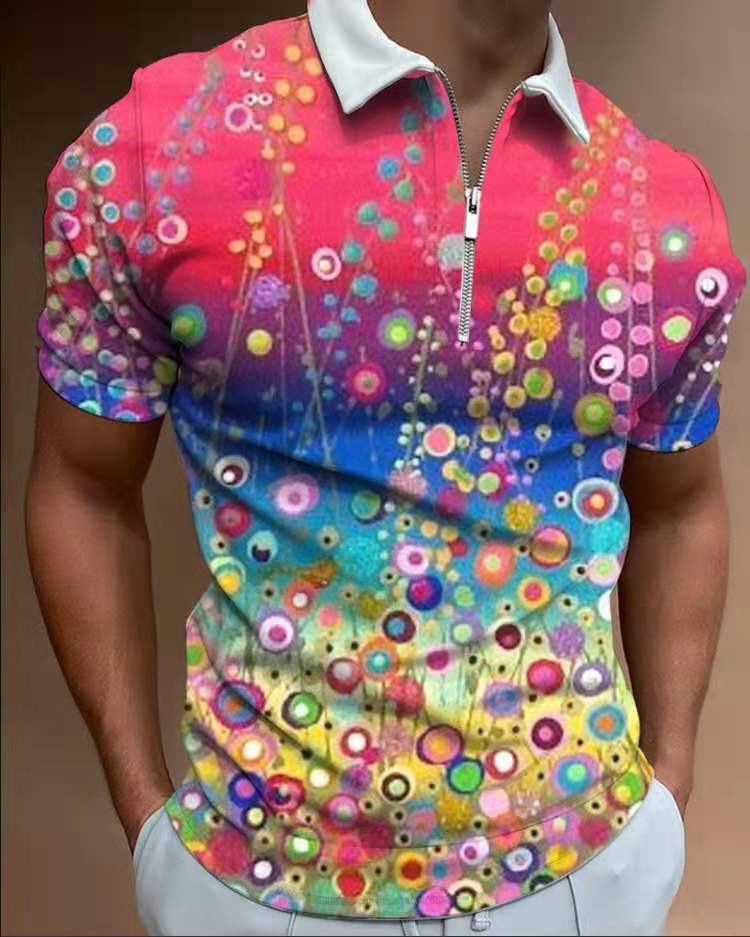 Summer Fashion Tops For Men Polo Shirt Floral Print Patchwork Short Sleeve Loose Casual