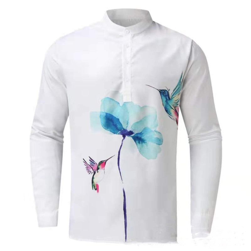 Men Casual Blouse Cotton Linen T-Shirt Long Sleeve Print Spring Autumn