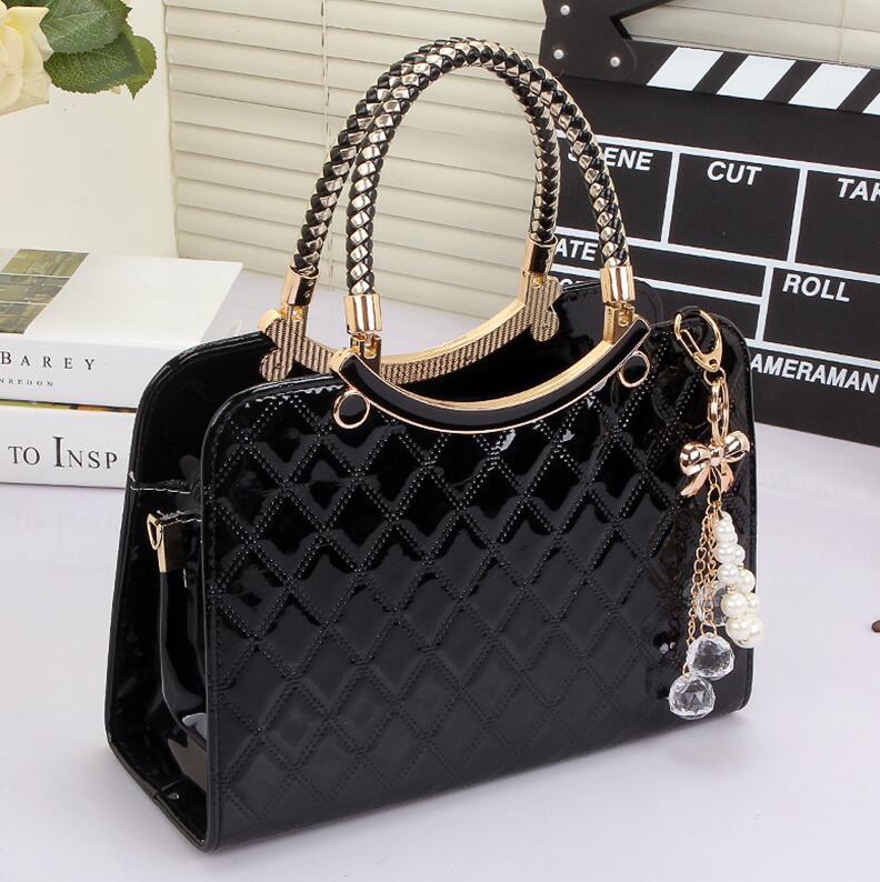 Women PU Handbag with Hanging Ornament Elegant Black Hard Design