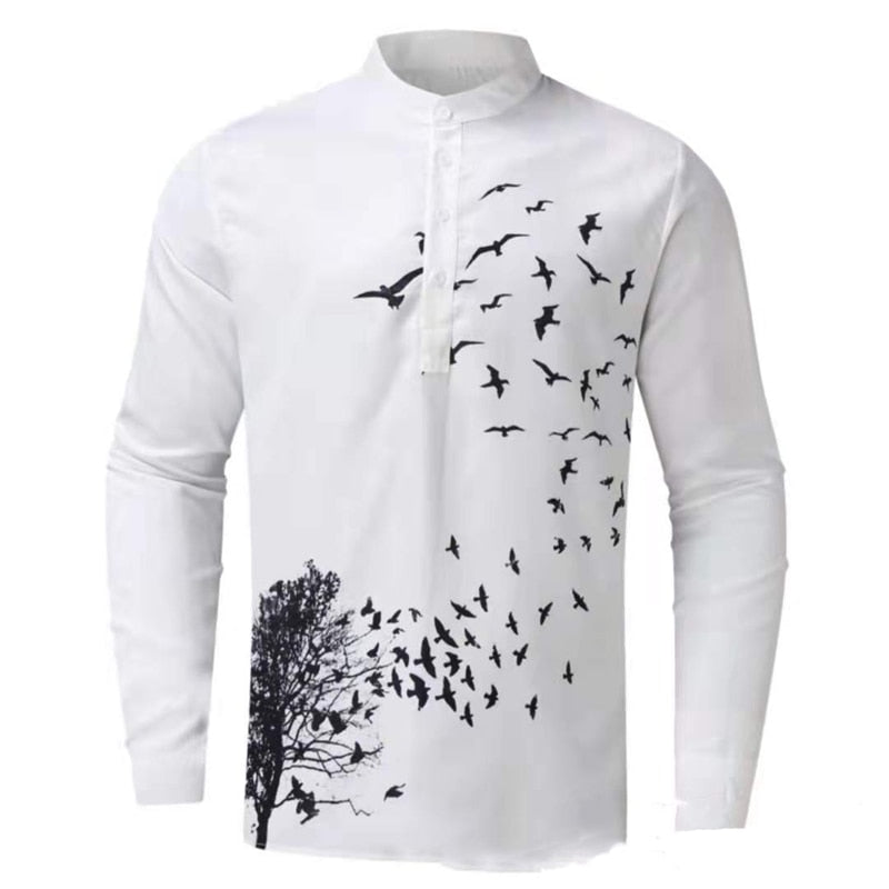 Men Casual Blouse Cotton Linen T-Shirt Long Sleeve Print Spring Autumn