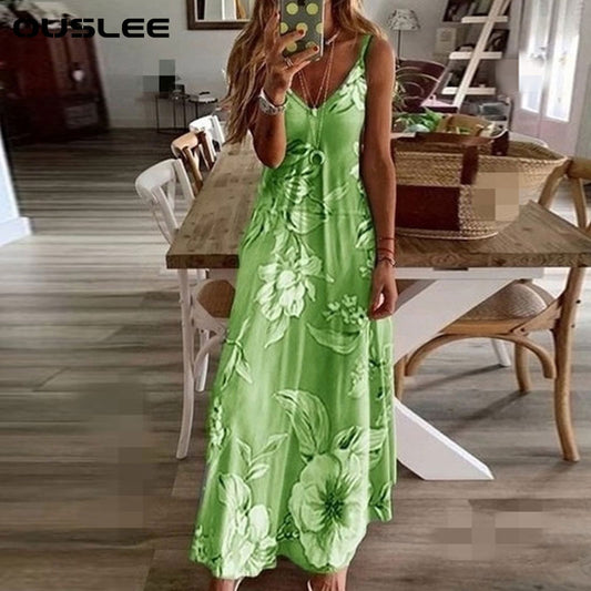 Ouslee Summer Sexy Print Floral Long Boho Bohemian Sundress Beach Summer Dress