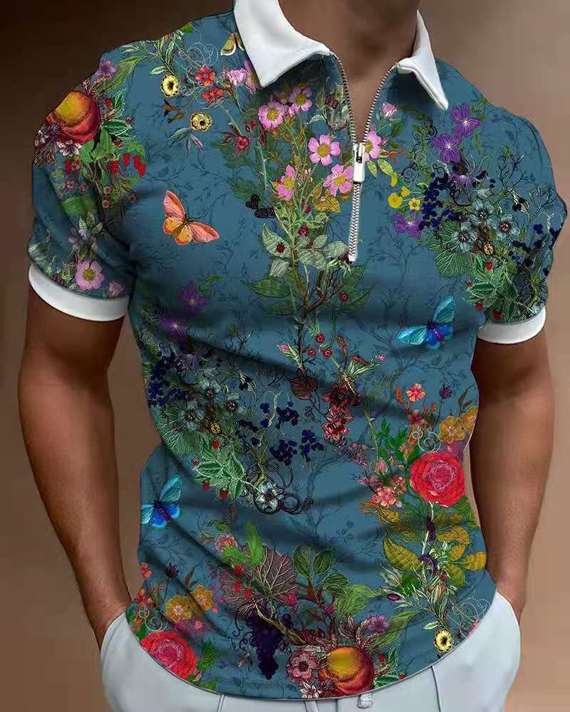 Summer Fashion Tops For Men Polo Shirt Floral Print Patchwork Short Sleeve Loose Casual