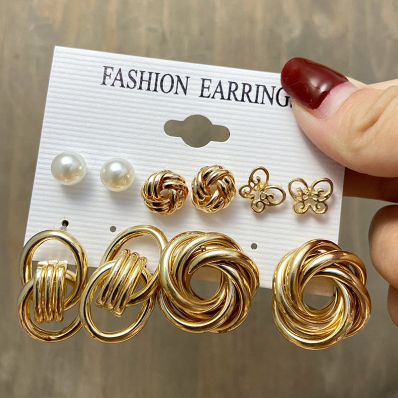 Fashion Pearl Hoop Earrings Set For Women Geometirc Gold Metal