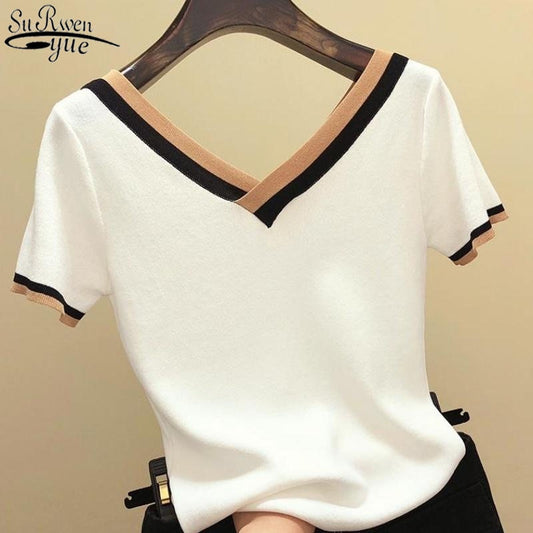 V-Neck Short Sleeve Shirt Women Contrast Color Striped Knitted