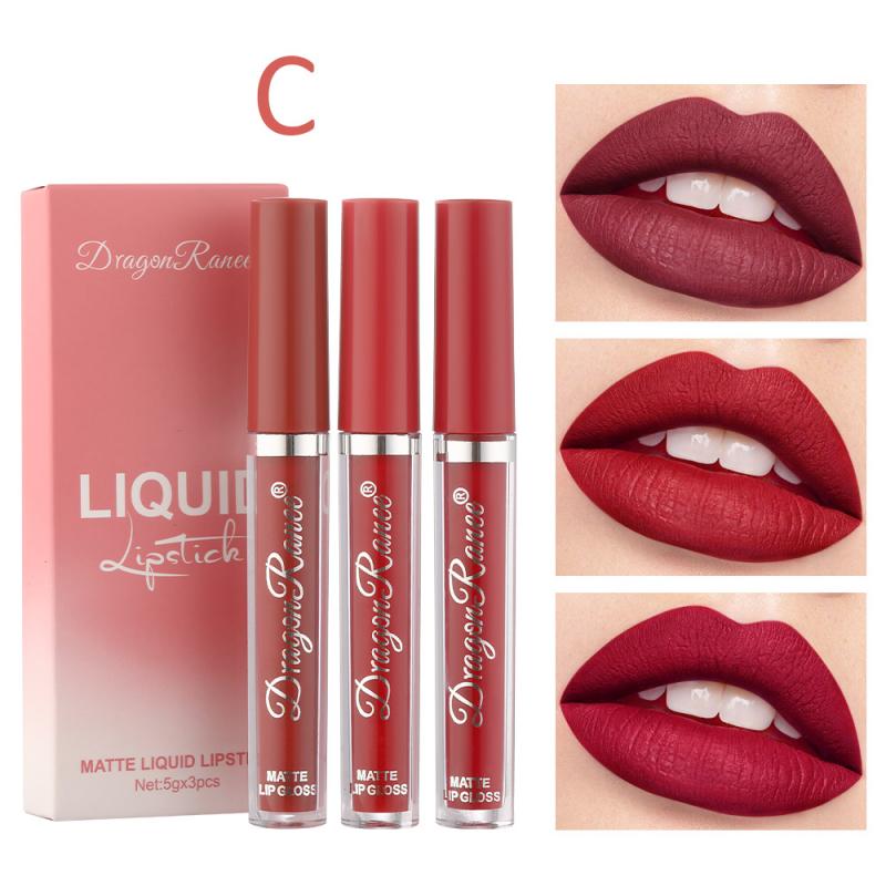 3pcs Velvet Matte Lip Gloss Set Lip Tint Combo Waterproof Long-wear Liquid Lipstick Lip