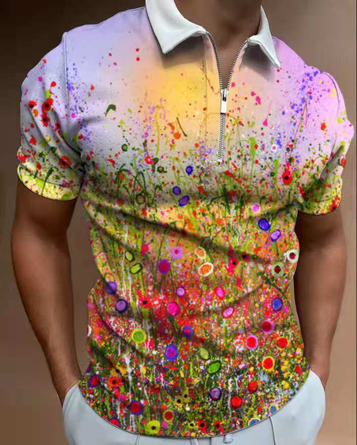 Summer Fashion Tops For Men Polo Shirt Floral Print Patchwork Short Sleeve Loose Casual