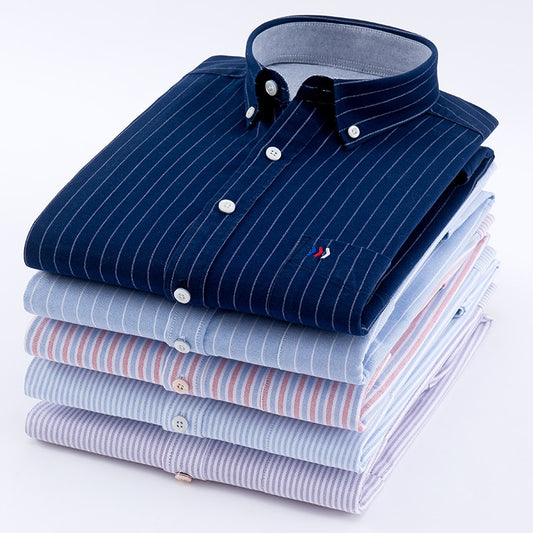 2025 Men’s Long Sleeve Cotton Oxford Shirt – S~6XL Slim Fit Striped Dress Shirt