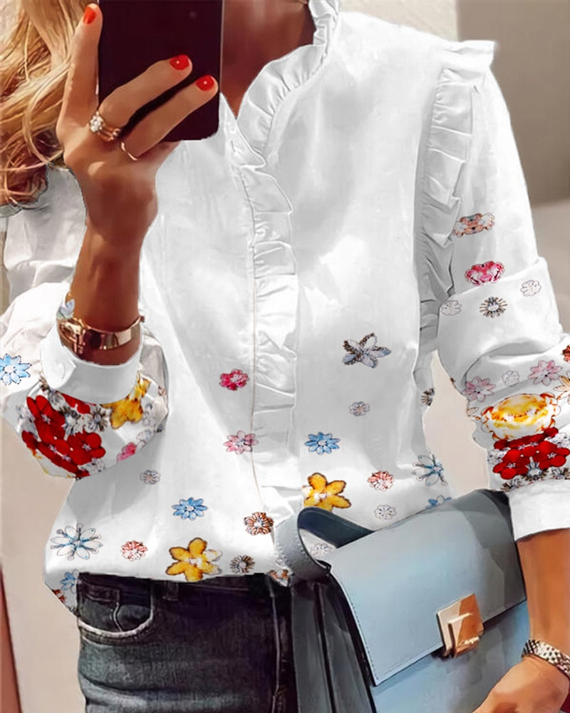 Women Elegant Fashion Butterfly Print Blouses Top Ruffled Trim