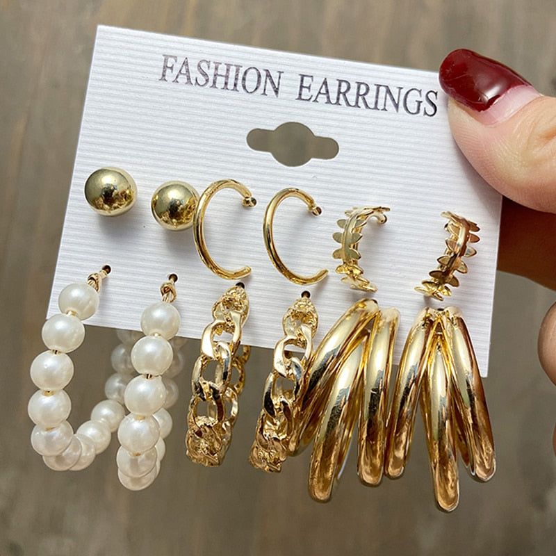 Fashion Pearl Hoop Earrings Set For Women Geometirc Gold Metal