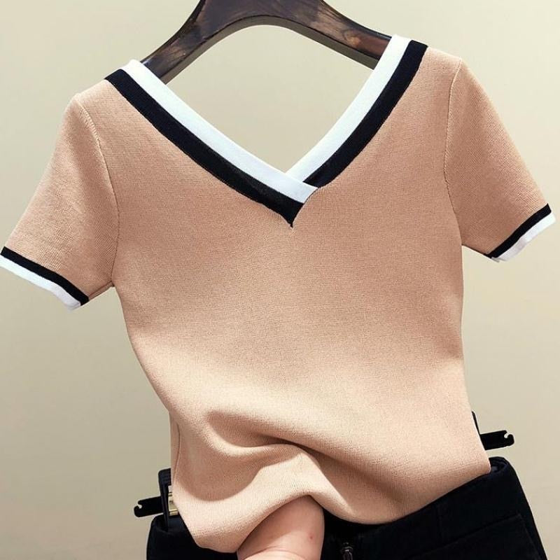 V-Neck Short Sleeve Shirt Women Contrast Color Striped Knitted