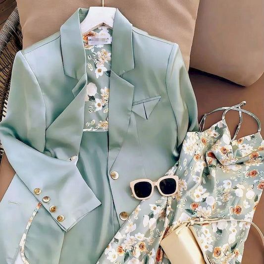 Women Blazer Dress Elegant Two-Piece Fashion Suits spring Autumn Fried Street suit Jackets and Floral sling dresses 2 piece Sets