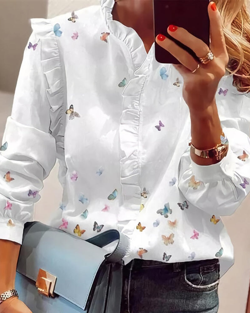 Women Elegant Fashion Butterfly Print Blouses Top Ruffled Trim