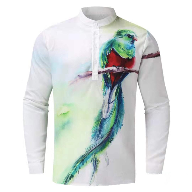 Men Casual Blouse Cotton Linen T-Shirt Long Sleeve Print Spring Autumn