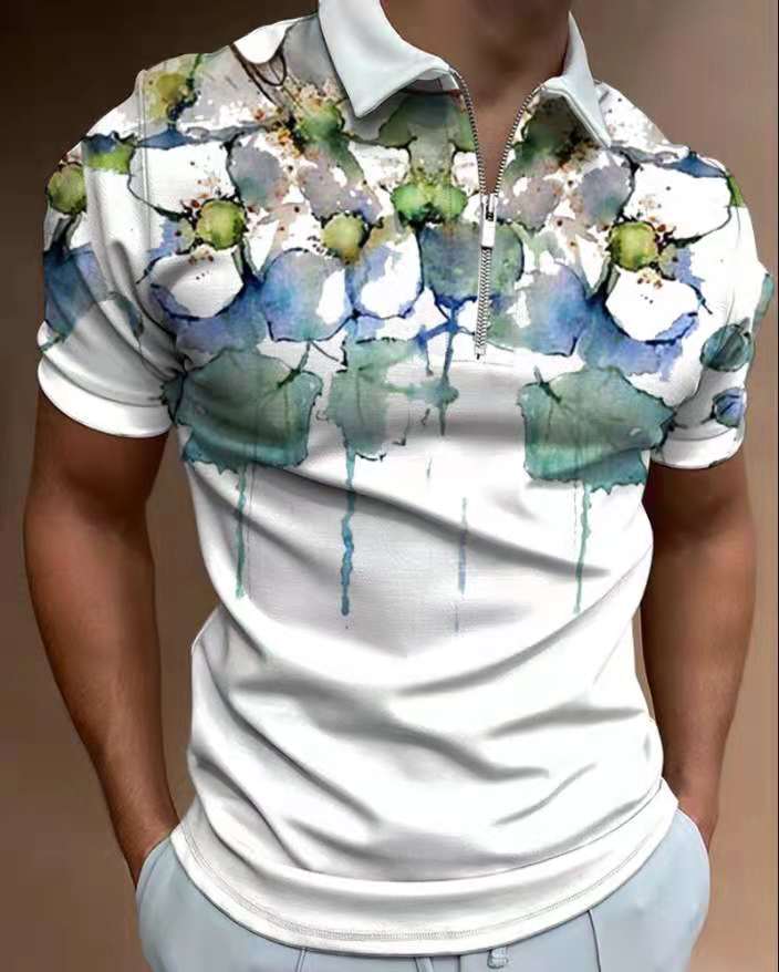 Summer Fashion Tops For Men Polo Shirt Floral Print Patchwork Short Sleeve Loose Casual