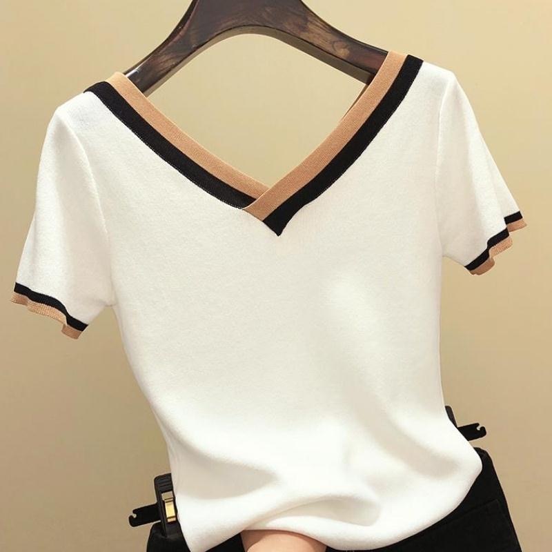 V-Neck Short Sleeve Shirt Women Contrast Color Striped Knitted