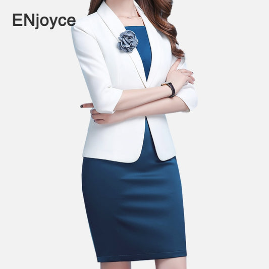 Spring Autumn Women Sets White Slim Blazer and Blue Dress Two Pieces Set Elegant Office Ladies Work