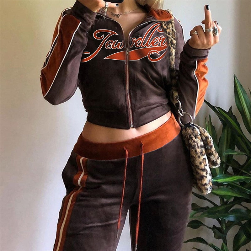 Tracksuit Set Women Velvet Two Piece Outfit Set Letter Print Velvet Sweatshirt+Straight