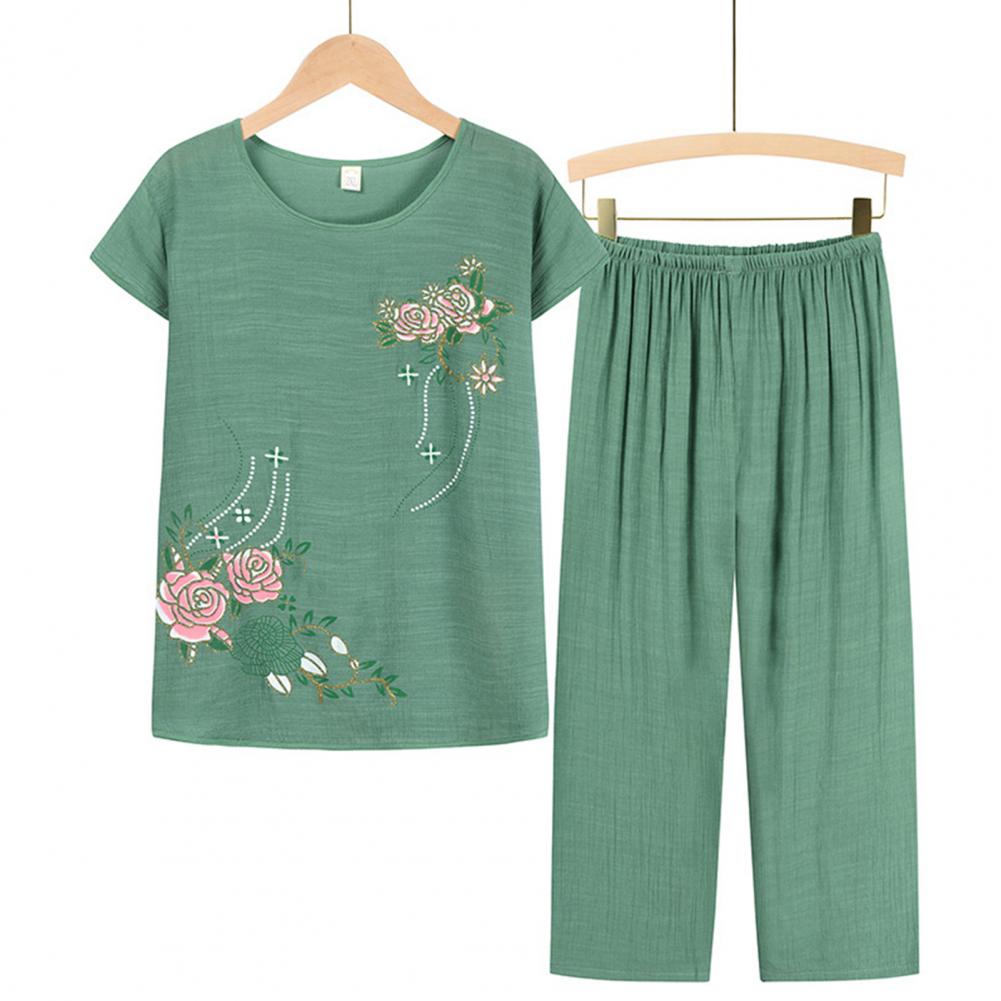 Summer Women Homewear Set Short Sleeve Floral Print T-shirt Pants