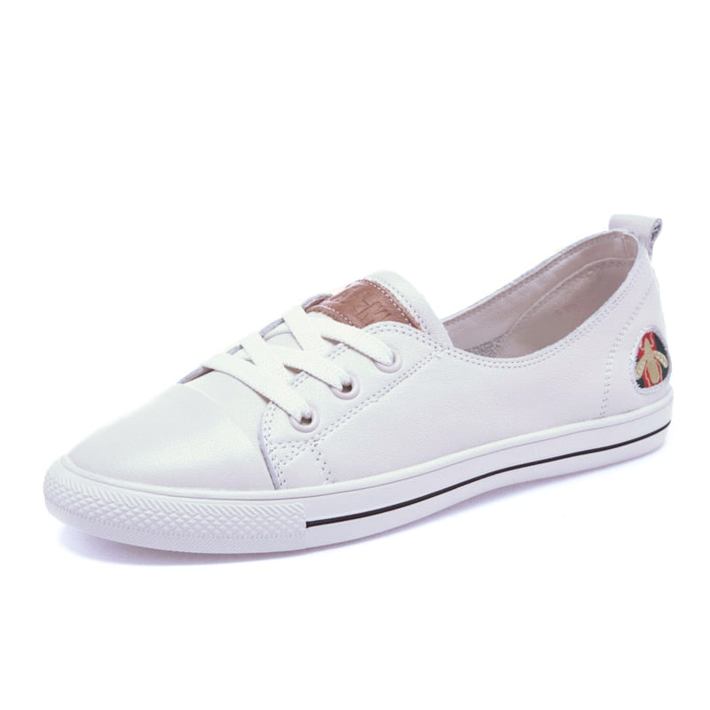 Summer Genuine Leather Casual Shoes Women Flats White Sneakers