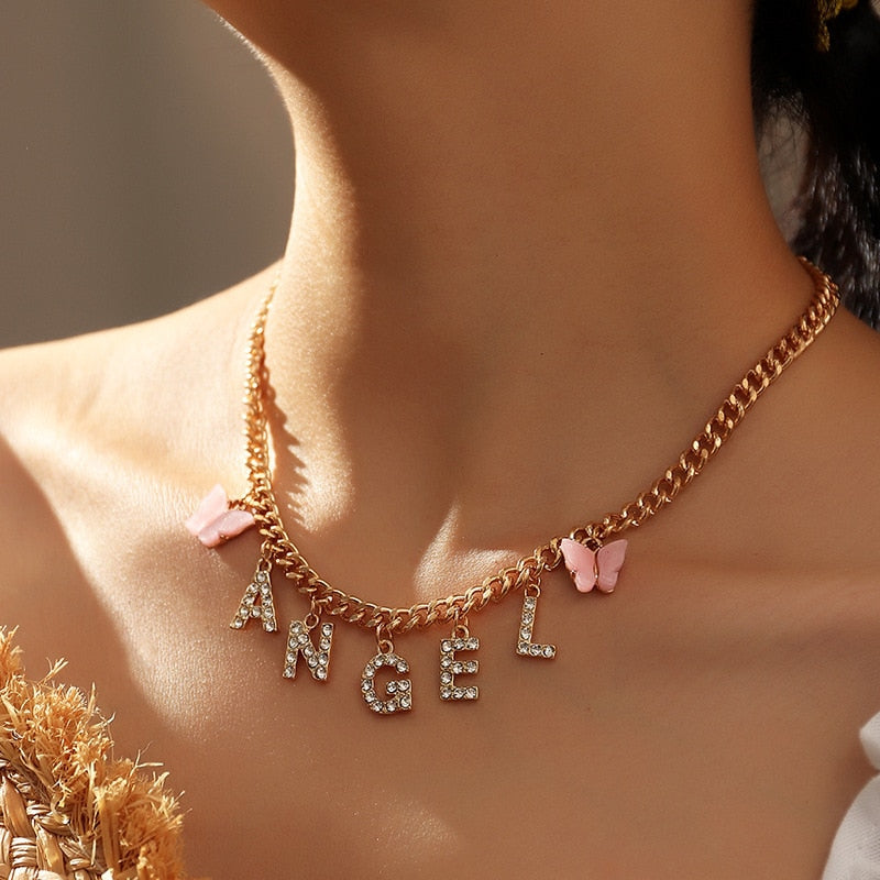 Rhinestone Letter Necklace Girl Necklace for Women BABY HONEY ANGEL Short Trend New Jewelry Gift