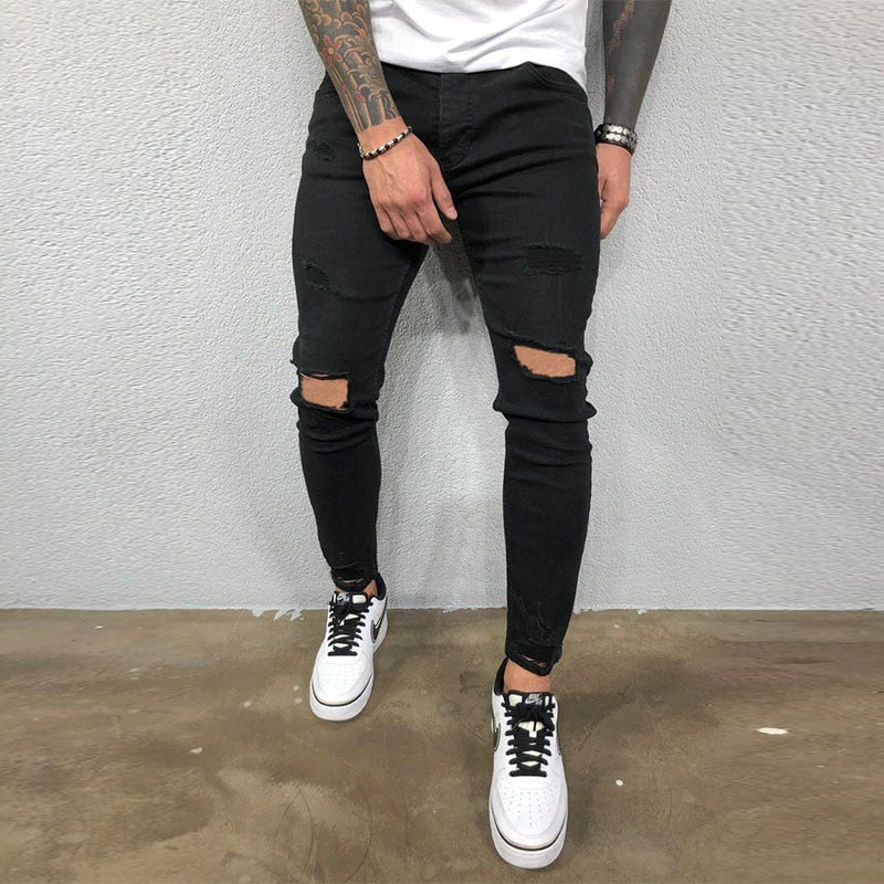 Men Jeans Knee Hole Ripped Stretch Skinny Denim Pants Solid Color Black Blue Autumn