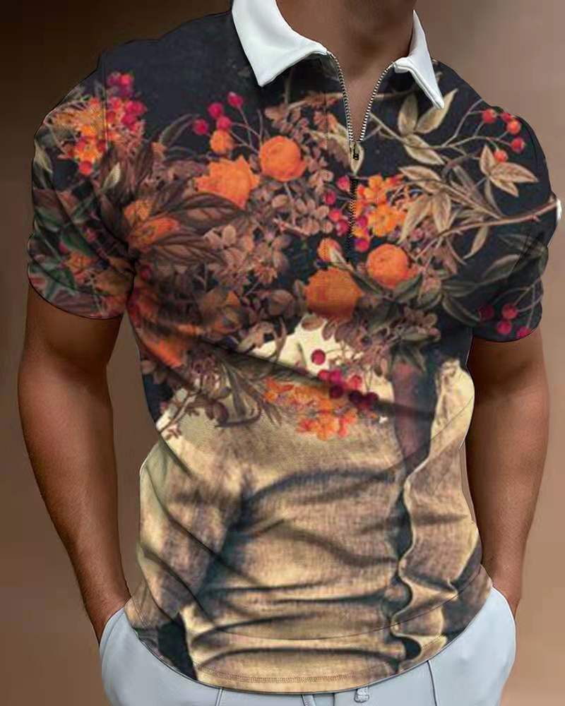 Summer Fashion Tops For Men Polo Shirt Floral Print Patchwork Short Sleeve Loose Casual